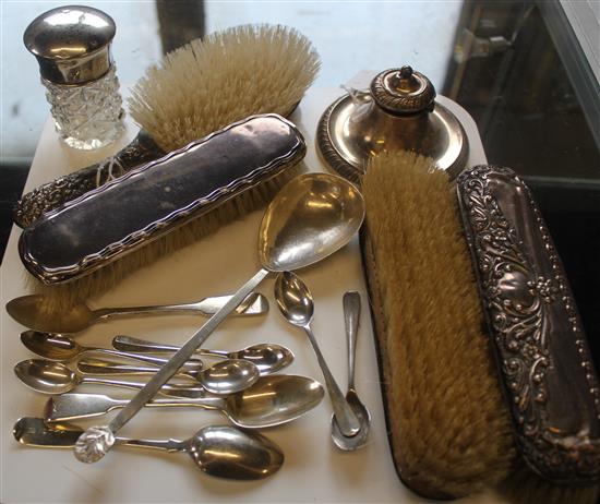 4 silver-backed brushes, silver inkwell, spoons & sundries